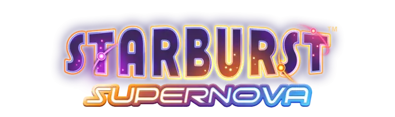 STARBURST SUPERNOVA logo with colorful, glowing gradient letters and playful space-themed elements on a light background.