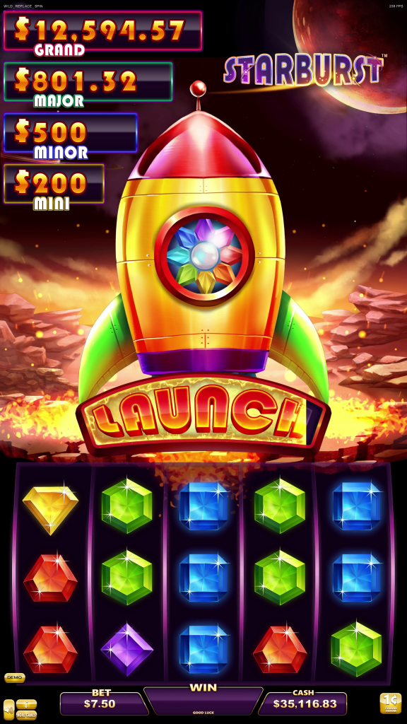 Colorful slot machine game screen with a cartoon rocket, LAUNCH button, and gem symbols. Prize amounts are listed: Grand $12,591.57, Major $801.32, Minor $500, Mini $200. Bet, Win, and Cash displayed at bottom.