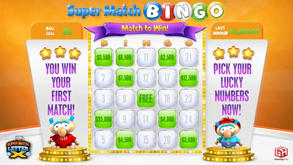 Colorful bingo game screen with two cartoon owls, a green-and-white bingo card with cash prizes, You win your first match! on the left, and Pick your lucky numbers now! on the right. Ball call is 26.