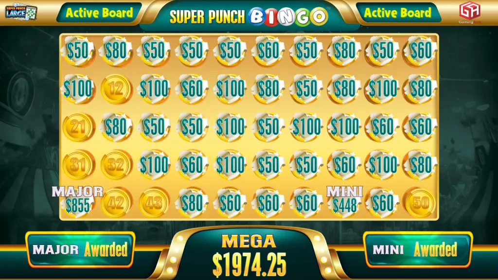 Bingo game board with circular spaces showing dollar amounts, MEGA $1974.25 at the bottom, and MAJOR $855 and MINI $448 bonuses. Awarded labels are shown for Major and Mini prizes.