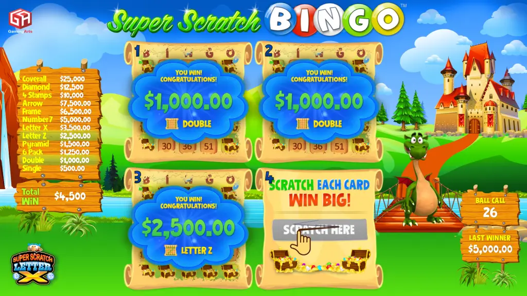 Four bingo cards with prize amounts and double wins displayed. A green dragon and a medieval castle are in the background. Scratch each card WIN BIG! is written in the center with a scratch area below it.