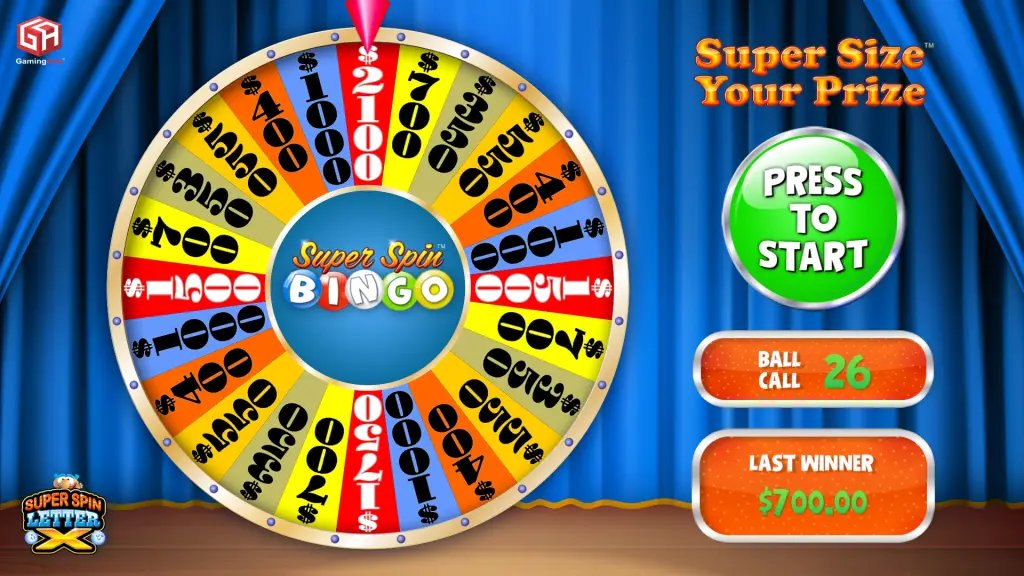 A colorful bingo prize wheel labeled Super Spin Bingo, showing various dollar amounts, sits onstage. A green Press to Start button and game stats, including Ball Call 26 and Last Winner $700.00, are displayed.