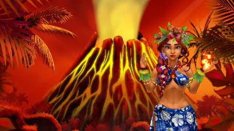 A woman in a blue floral outfit and floral headpiece stands in front of an erupting volcano, with glowing lava and tropical plants in the background.