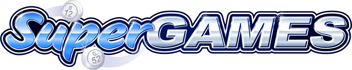 SuperGAMES text in shiny blue and white letters with two bingo balls, labeled B12 and G52, on the left side.