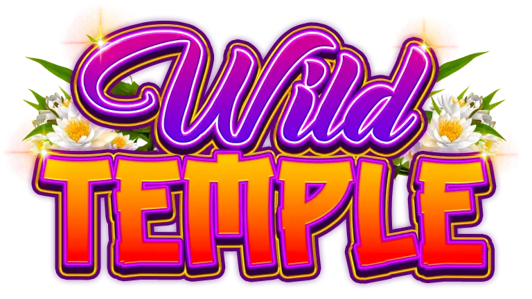 The image features the words Wild TEMPLE in bold, colorful, stylized text, complemented by white flowers and green leaves in the background. Subtle hints of a Wild Temple Tiger motif add an adventurous flair to the vibrant design.