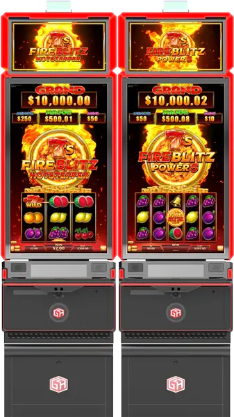 Two slot machines display the 7s Fire Blitz Power 5 game, showing fruit symbols, 7s, and jackpot prize amounts, with a red and gold fiery design—perfect for inclusion in any G2E 2026 Press Pack.