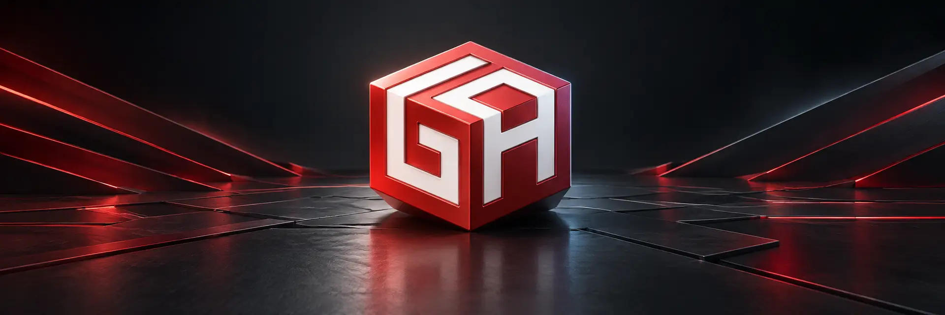 A red 3D cube with white stylized letters GA on its faces sits on a dark, reflective surface with red light accents and geometric patterns in the background.