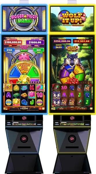 Two colorful casino slot machines side by side: one with a piggy bank theme and spinning wheel, the other featuring a cartoon wolf spinning a prize wheel with forest background. Both display jackpot amounts at the top, making them standout highlights for any G2E 2026 Press Pack.
