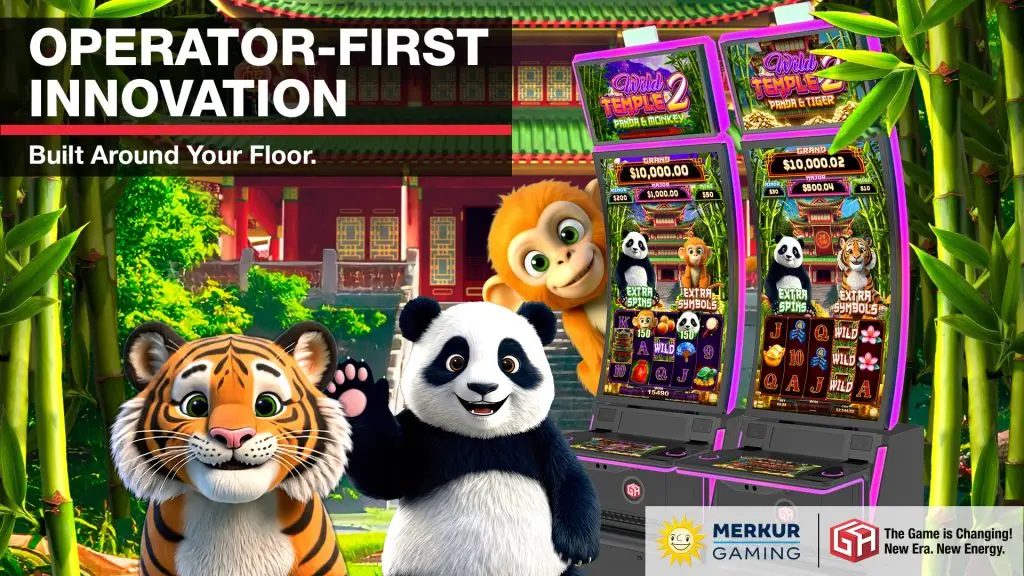 A smiling cartoon tiger, panda, and monkey stand in front of two arcade-style slot machines and a traditional Asian building, surrounded by bamboo. Text reads OPERATOR-FIRST INNOVATION and features Merkur Gaming and G2E logos.