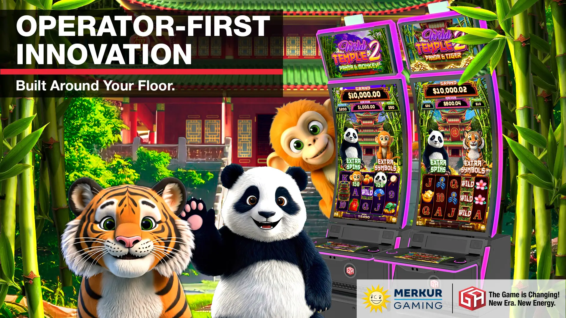 A smiling cartoon tiger, panda, and monkey stand in front of two arcade-style slot machines and a traditional Asian building, surrounded by bamboo. Text reads OPERATOR-FIRST INNOVATION and features Merkur Gaming and G2E logos.