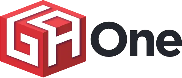 A red cube with white stylized letters GA on its faces, next to the word One in bold black font.