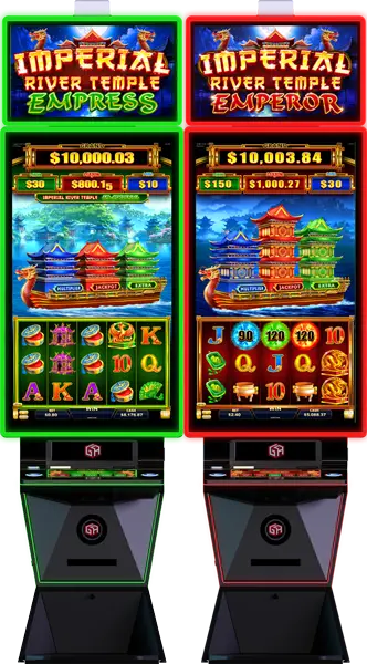 Two brightly lit casino slot machines, one green-themed Empress and one red-themed Emperor, both labeled Imperial River Temple, with colorful game symbols and jackpot amounts displayed at the top—an eye-catching highlight from the G2E 2026 Press Pack.