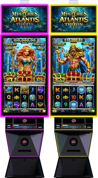 As featured in the official G2E 2026 Press Pack, two tall slot machines display Mysteries of Atlantis Triton games. The left features a female warrior with a trident, while the right showcases a bearded male holding his own trident. Both screens captivate with reels filled with ocean-themed symbols.