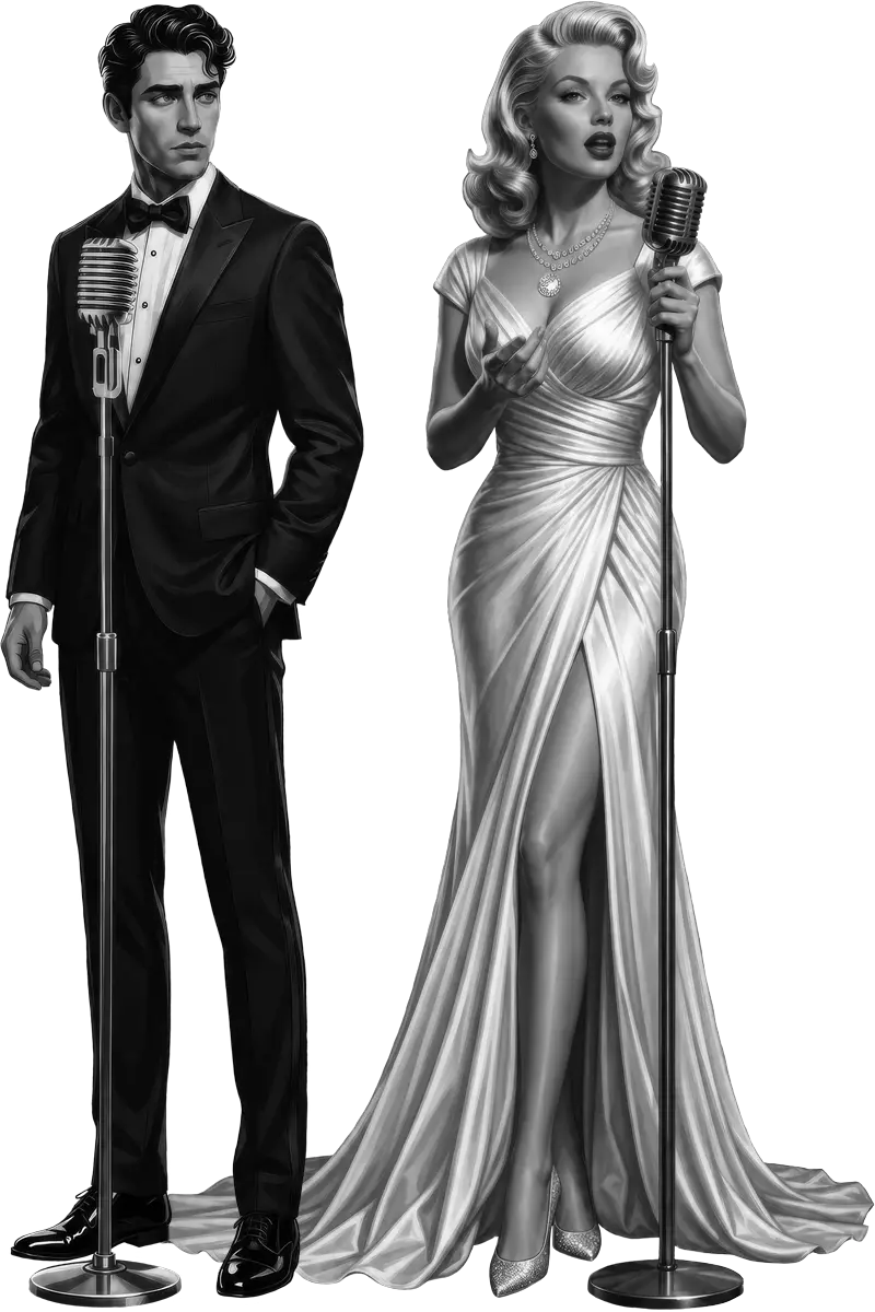 A man in a tuxedo and a woman in a glamorous gown stand at vintage microphones, appearing to perform or speak, evoking an old Hollywood style reminiscent of the elegance showcased at events like G2E 2026—perfect for inclusion in any Press Pack capturing timeless sophistication.