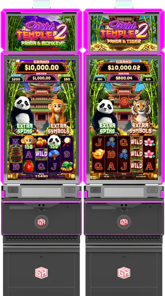 Two colorful slot machines stand side by side; the left features a panda and monkey, while the right showcases a panda and tiger. Each boasts vibrant symbols, bonus displays, and jackpots under striking purple and pink lighting at the top—perfect visuals for any G2E 2026 Press Pack.