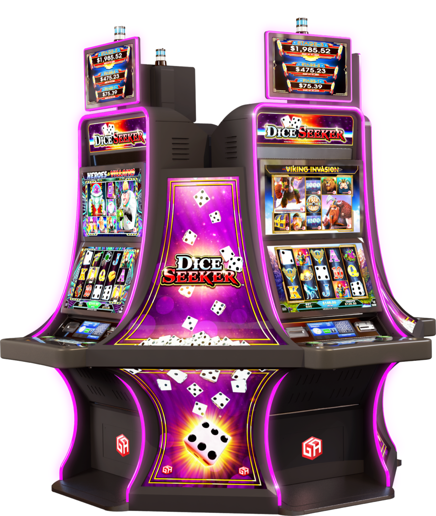 Two back-to-back Dice Seeker slot machines with glowing purple accents, featuring multiple screens displaying jackpot amounts and game graphics.