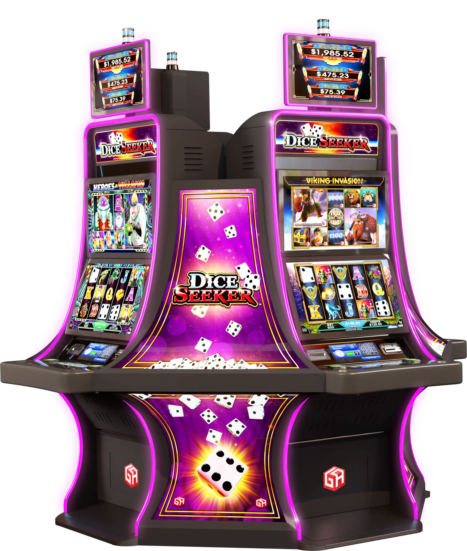 Two back-to-back Dice Seeker slot machines with glowing purple accents, featuring multiple screens displaying jackpot amounts and game graphics.