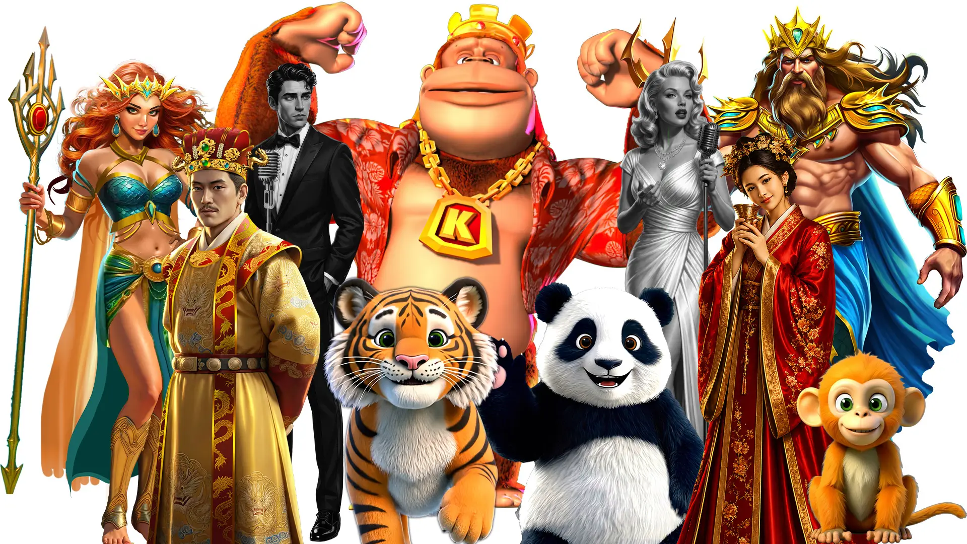 A diverse group of animated characters, including a sea queen, an emperor, a man in a tuxedo, a king gorilla, a woman at a microphone, a sea king, a woman in a traditional red dress, a tiger cub, a panda, and a small monkey.